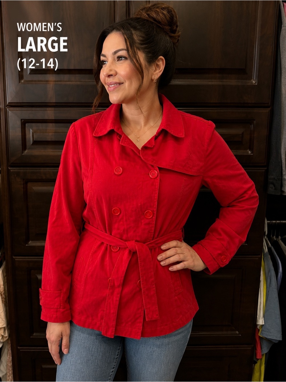 ASHLEY Red Double-Breasted Belted Jacket - Size Large